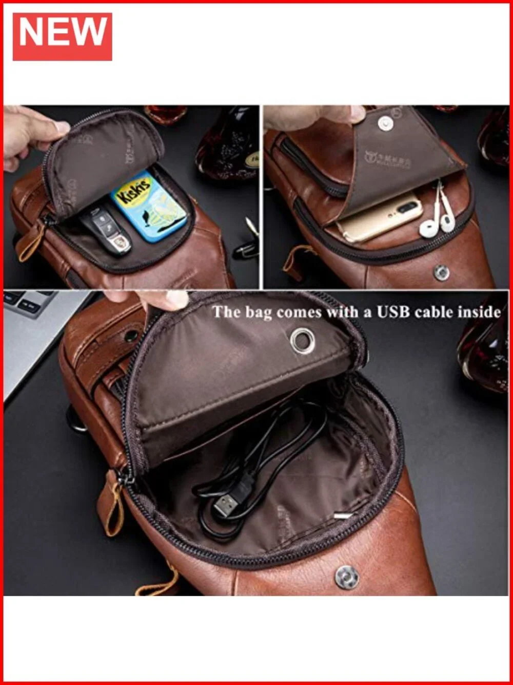 Genuine Leather Sling Bag with USB Charging, Multi-Pocket Chest Bag for Men